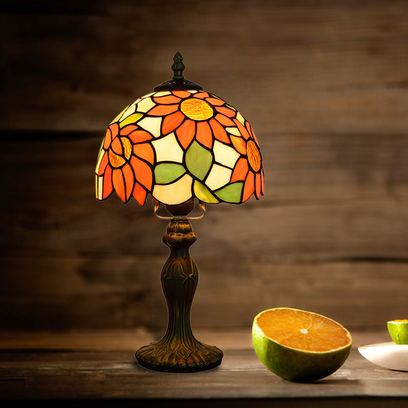 Sunflower Table Lighting Stained Glass 1 Light Lodge Tiffany Style Decorative Table Lamp in Orange-Purple/Orange-Green/Orange-Blue Orange-Green Clearhalo 'Lamps' 'Table Lamps' Lighting' 171458