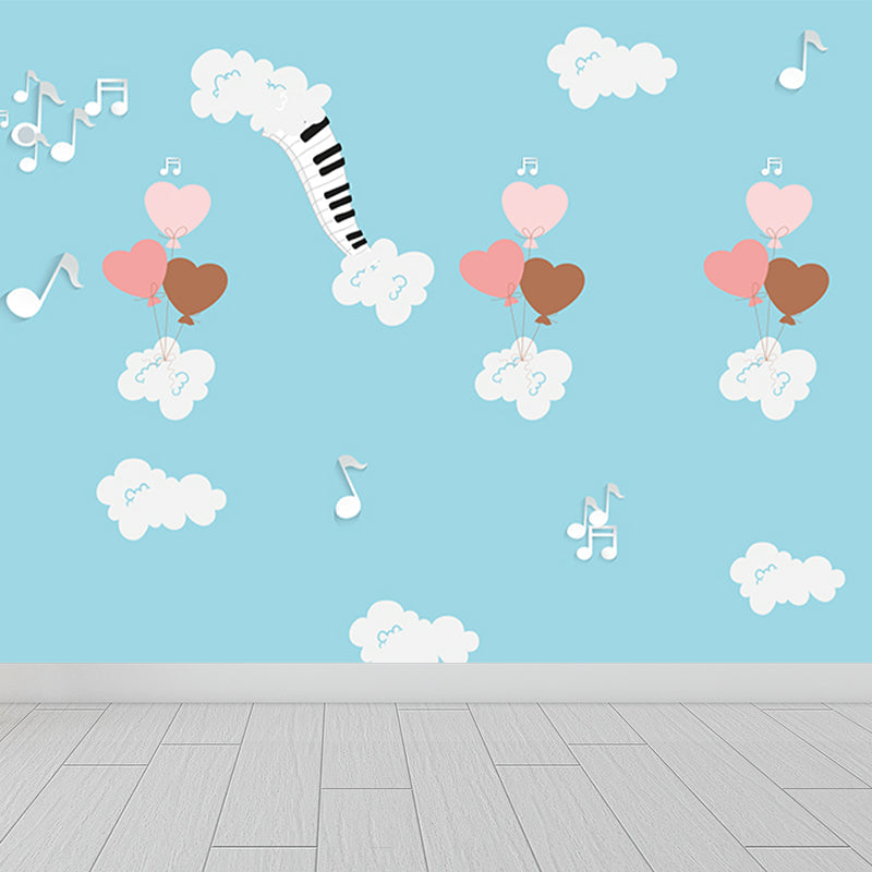 Musical Mural Wallpaper Cartoon Non-Woven Material Wall Decor in Blue for Nursery Clearhalo 'Wall Decor' 'Wall Mural' 1714595