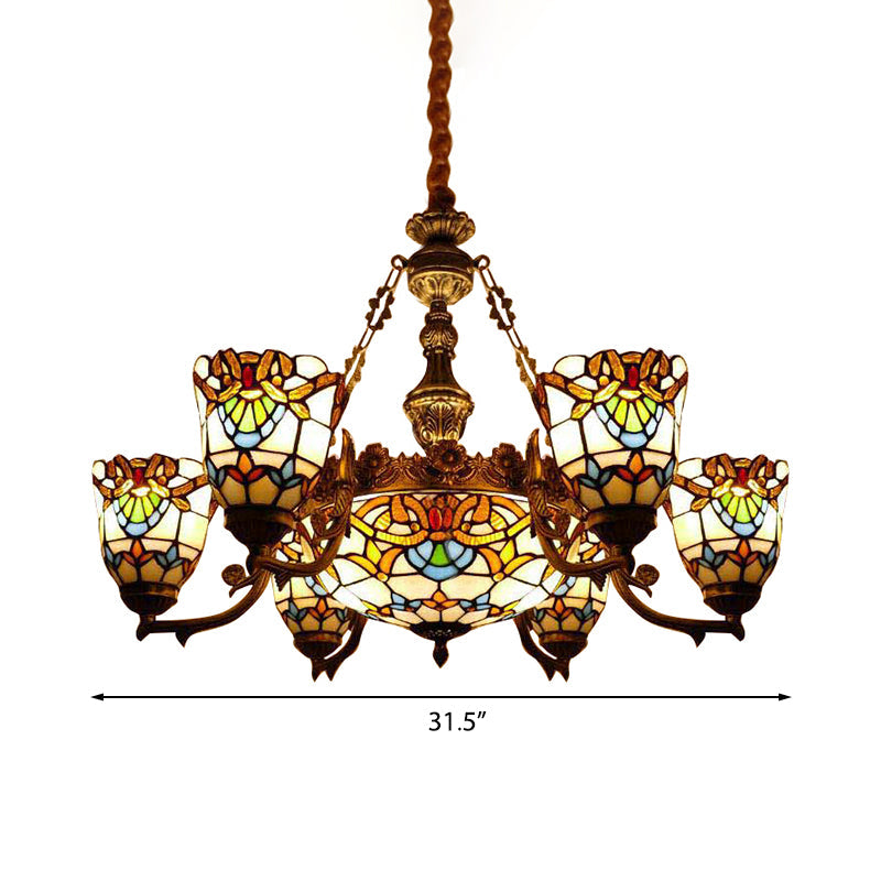 Baroque Style Chandeliers for Dining Room Art Glass Hanging Fixture with Curved/Straight Arm and Dome Shade Clearhalo 'Ceiling Lights' 'Chandeliers' 'Close To Ceiling Lights' 'Industrial' 'Middle Century Chandeliers' 'Tiffany Chandeliers' 'Tiffany close to ceiling' 'Tiffany' Lighting' 171538