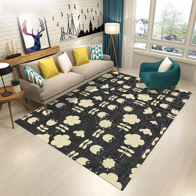 Blue and Brown Bedroom Rug Modern Botanical Flower Leaf Pattern Area Rug Polyester Pet Friendly Carpet Black Clearhalo 'Area Rug' 'Modern' 'Rugs' Rug' 1715444