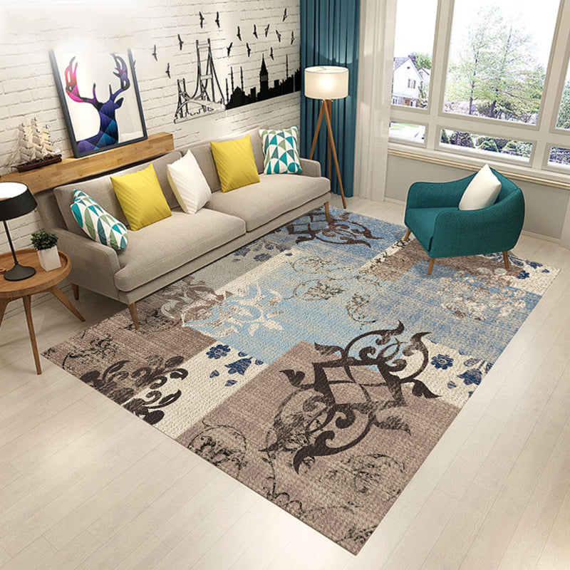 Blue and Brown Bedroom Rug Modern Botanical Flower Leaf Pattern Area Rug Polyester Pet Friendly Carpet Brown Clearhalo 'Area Rug' 'Modern' 'Rugs' Rug' 1715451