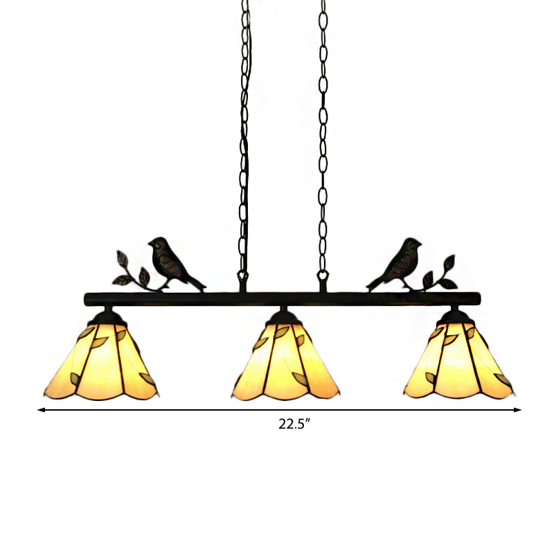 Cone Stainless Glass Island Lighting Tiffany Stylish 3 Lights Beige Island Chandelier Light with Bird Accent Clearhalo 'Ceiling Lights' 'Chandeliers' 'Close To Ceiling Lights' 'Glass shade' 'Glass' 'Island Lights' 'Tiffany close to ceiling' 'Tiffany' Lighting' 171555