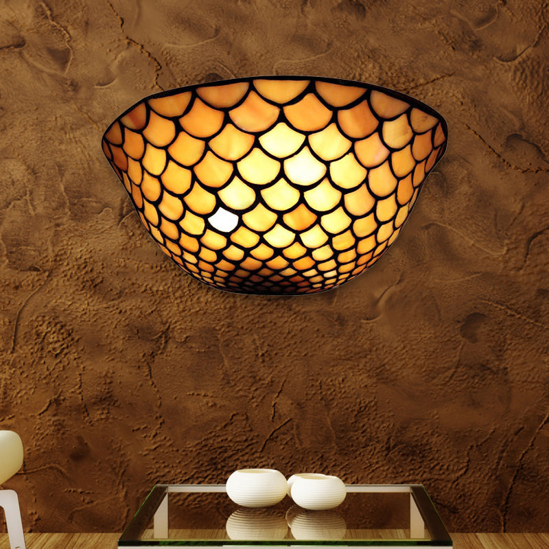 Fish Scale Sconce Lighting Beige Glass 2 Lights Traditional Wall Mount Light for Staircase Clearhalo 'Industrial' 'Middle century wall lights' 'Tiffany wall lights' 'Tiffany' 'Wall Lamps & Sconces' 'Wall Lights' Lighting' 171558