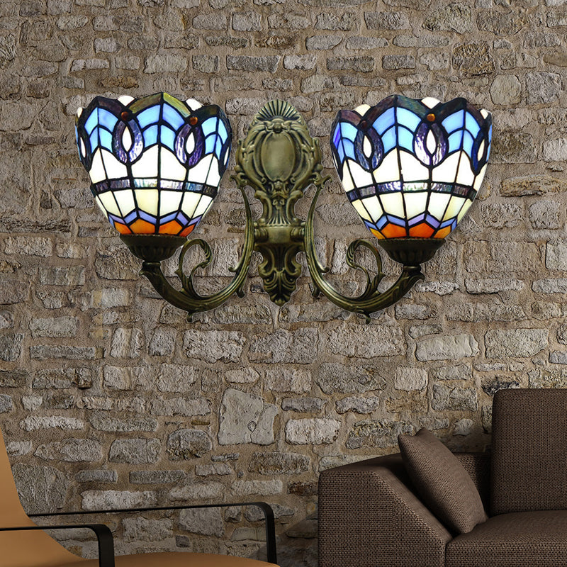 Baroque Dome Wall Lamp with Curved Arm 2 Lights Blue Glass Shade Sconce Lighting for Bedroom Blue Clearhalo 'Industrial' 'Middle century wall lights' 'Tiffany wall lights' 'Tiffany' 'Wall Lamps & Sconces' 'Wall Lights' Lighting' 171586