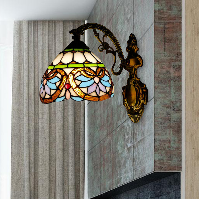 1 Light Domed Wall Sconce Victorian Stained Glass Up/Down Wall Lighting with Curved Arm in Brass Brass Down Clearhalo 'Industrial' 'Middle century wall lights' 'Tiffany wall lights' 'Tiffany' 'Wall Lamps & Sconces' 'Wall Lights' Lighting' 171599