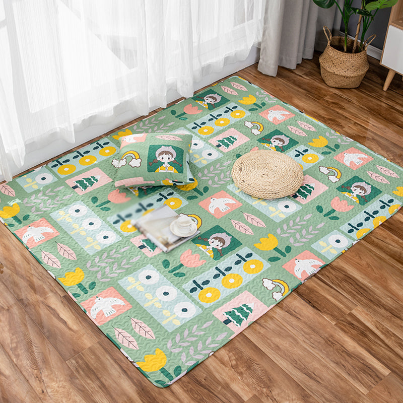 Kids Floral Pattern Rug with Character Beige and Green Cotton Rug Washable Pet Friendly Non-Slip Area Rug for Child's Bedroom Light Green Clearhalo 'Area Rug' 'Rug' 1716272