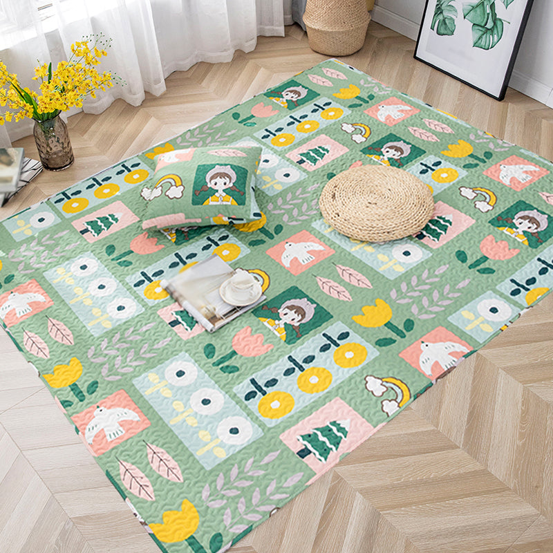 Kids Floral Pattern Rug with Character Beige and Green Cotton Rug Washable Pet Friendly Non-Slip Area Rug for Child's Bedroom Clearhalo 'Area Rug' 'Rug' 1716273