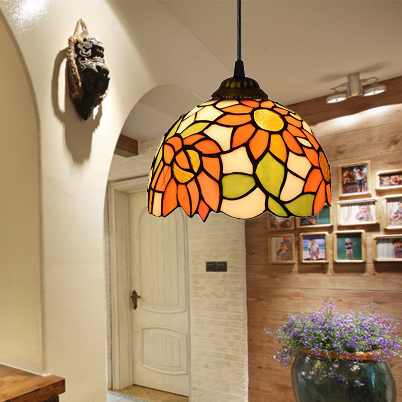 Tiffany-Style Hemisphere Pendant Lamp 1 Bulb Red/Orange/Orange-Green Stained Art Glass Ceiling Hanging Light Orange Clearhalo 'Ceiling Lights' 'Industrial' 'Middle Century Pendants' 'Pendant Lights' 'Pendants' 'Tiffany close to ceiling' 'Tiffany Pendants' 'Tiffany' Lighting' 171660