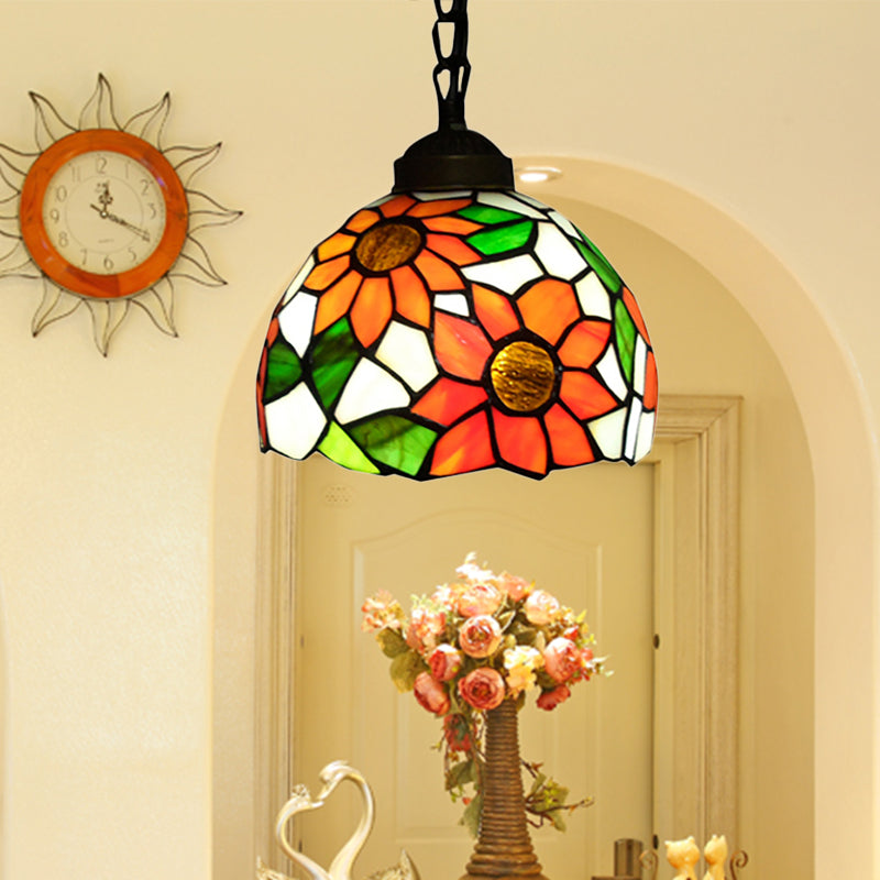 Tiffany-Style Hemisphere Pendant Lamp 1 Bulb Red/Orange/Orange-Green Stained Art Glass Ceiling Hanging Light Orange-Green Clearhalo 'Ceiling Lights' 'Industrial' 'Middle Century Pendants' 'Pendant Lights' 'Pendants' 'Tiffany close to ceiling' 'Tiffany Pendants' 'Tiffany' Lighting' 171662