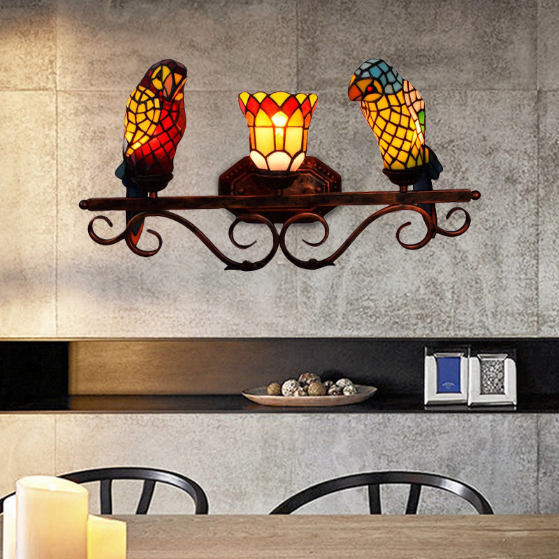 3 Lights Parrot Sconce Light Stained Glass Rustic Lodge Style Indoor Lighting Fixture in Copper Copper Clearhalo 'Industrial' 'Middle century wall lights' 'Tiffany wall lights' 'Tiffany' 'Wall Lamps & Sconces' 'Wall Lights' Lighting' 171664