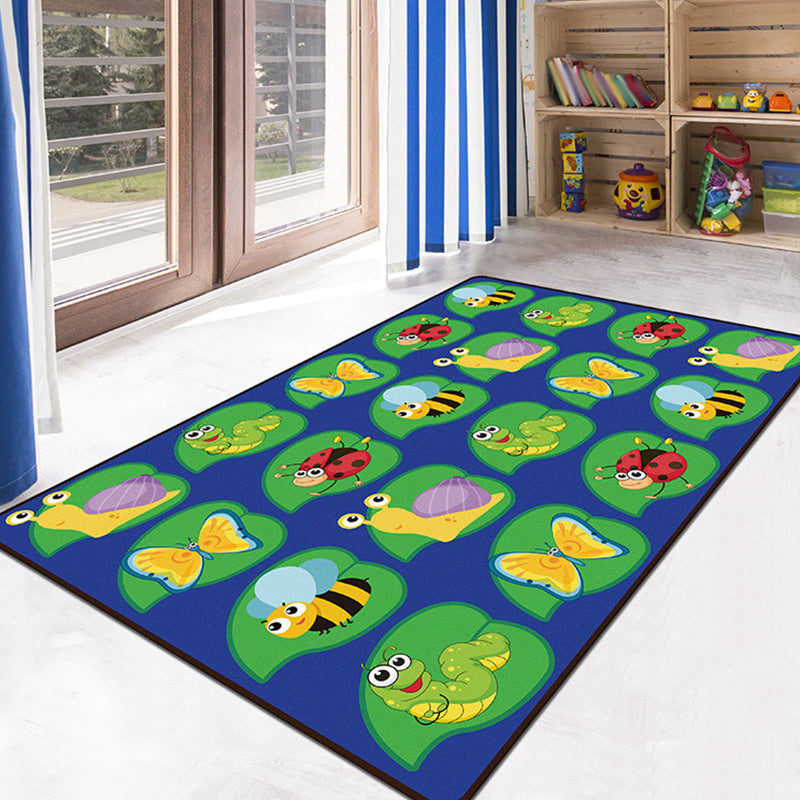 Green and Blue Kids Rug Polyester Animal and Insect Pattern Rug Pet Friendly Washable Anti-Slip Backing Carpet for Decoration Dark Blue Clearhalo 'Area Rug' 'Rug' 1716734