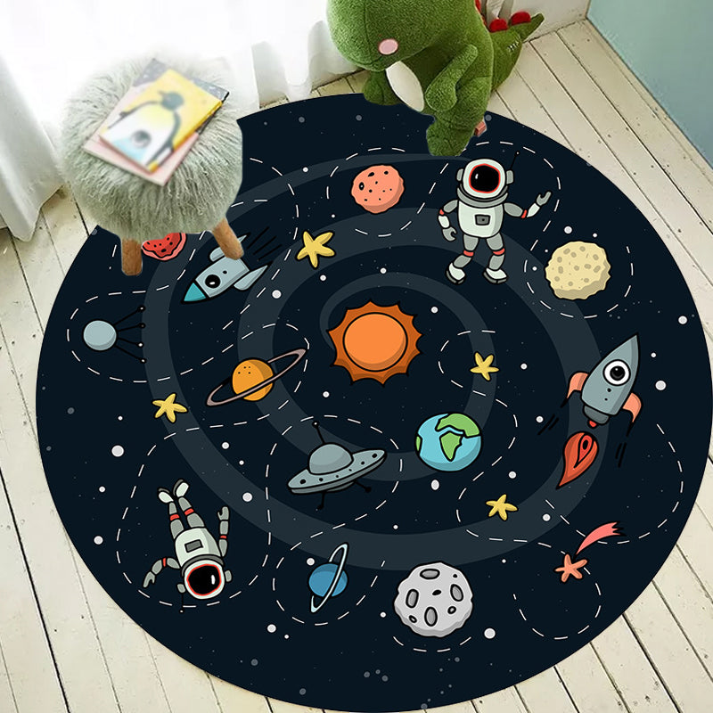 Black Multicolor Kids Rug Polyester Outer Space Pattern Rug Pet Friendly Washable Anti-Slip Backing Carpet for Decoration Clearhalo 'Area Rug' 'Rug' 1717019