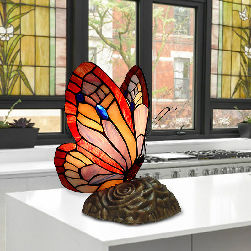 Stained Glass Butterfly Table Lighting Tiffany 1 Light Art Deco Standing Lamp in Yellow/Green/Red/Orange Red for Coffee Shop Orange Red Clearhalo 'Lamps' 'Table Lamps' Lighting' 171771