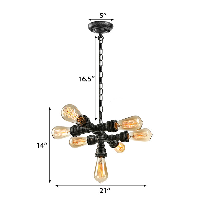 Dark Rust 7 Heads Ceiling Light Fixture Vintage Style Iron Open Bulb Chandelier Lamp with Water Pipe Clearhalo 'Cast Iron' 'Ceiling Lights' 'Chandeliers' 'Industrial Chandeliers' 'Industrial' 'Metal' 'Middle Century Chandeliers' 'Rustic Chandeliers' 'Tiffany' Lighting' 172205