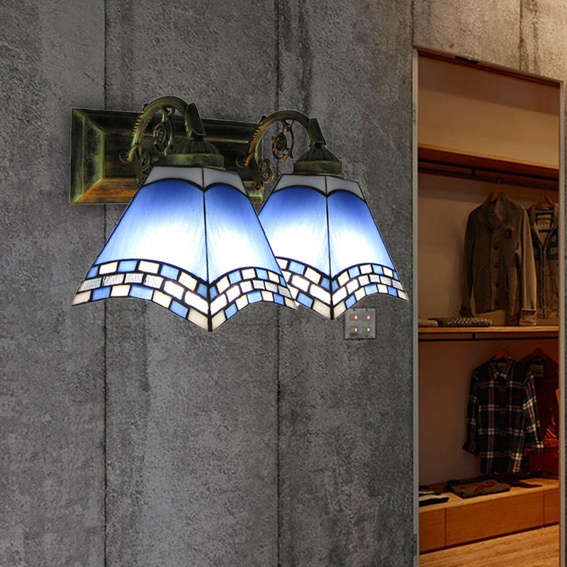 Nautical Pyramid Wall Lighting Stained Glass 2 Lights Vanity Light in Light/Dark Blue for Bathroom Dark Blue Clearhalo 'Industrial' 'Middle century wall lights' 'Tiffany wall lights' 'Tiffany' 'Wall Lamps & Sconces' 'Wall Lights' Lighting' 172253