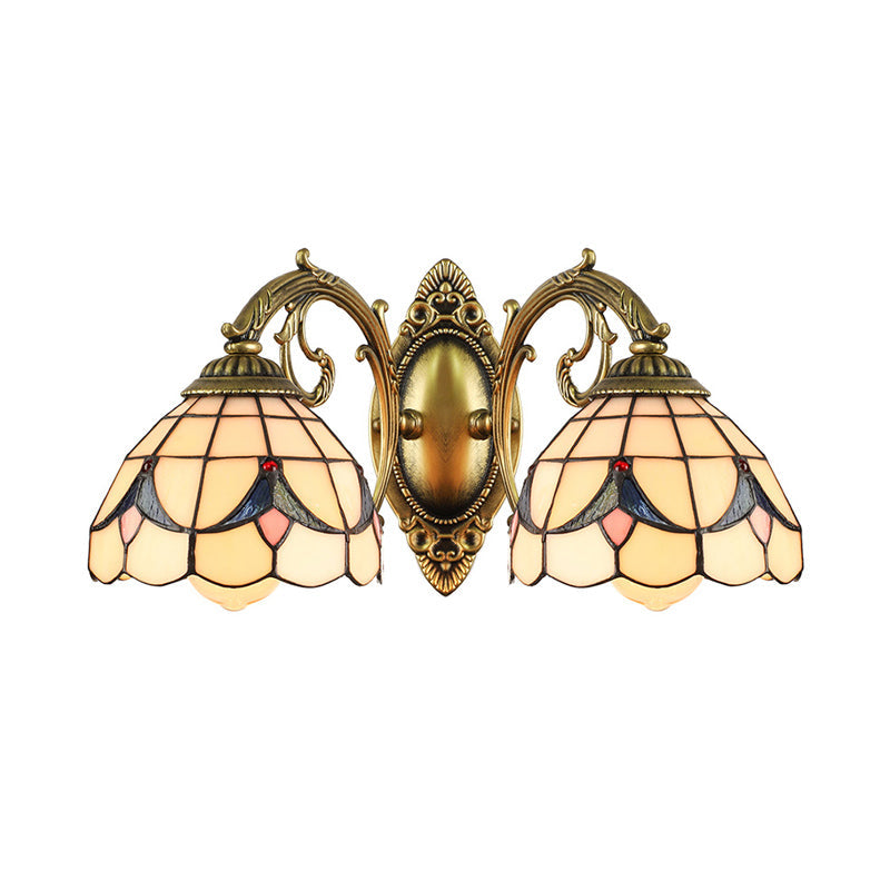 2 Lights Dome Wall Lamp with Magnolia White/Beige Glass Tiffany Sconce Light for Living Room Clearhalo 'Industrial' 'Middle century wall lights' 'Tiffany wall lights' 'Tiffany' 'Wall Lamps & Sconces' 'Wall Lights' Lighting' 172313