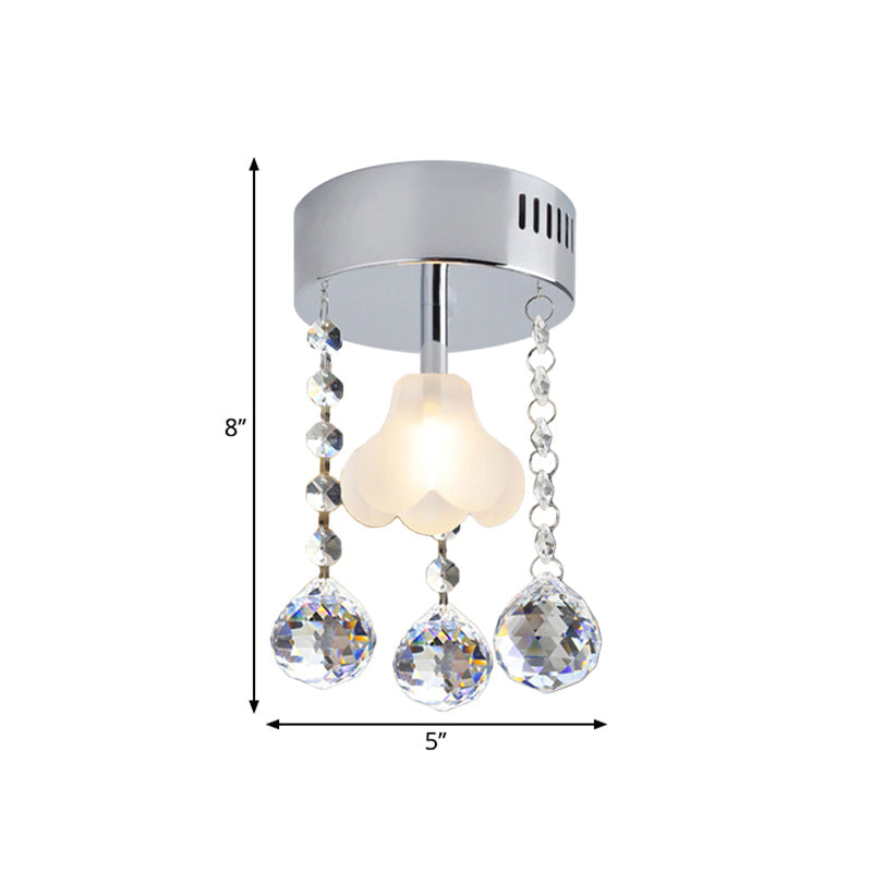 Teardrop Semi Flush Simple Clear Crystal 1 Light Dining Room Ceiling Lamp in Chrome with Flower Frosted Glass Shade Clearhalo 'Ceiling Lights' 'Close To Ceiling Lights' 'Close to ceiling' 'Semi-flushmount' Lighting' 1723747