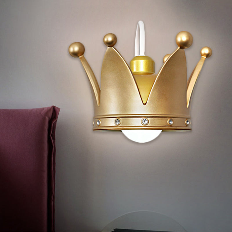 Crown Children Bedroom Wall Sconce Metal 1-Bulb Kids Style Wall Mounted Light in Gold/Pink Clearhalo 'Wall Lamps & Sconces' 'Wall Lights' Lighting' 1724145