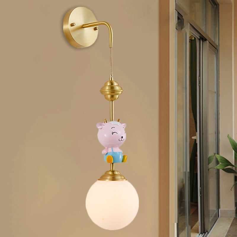 Globe Wall Lighting Fixture Cartoon Opaque Glass 1 Head Gold Wall Mounted Lamp with Sheep/Monkey/Rabbit Deco Clearhalo 'Wall Lamps & Sconces' 'Wall Lights' Lighting' 1724154