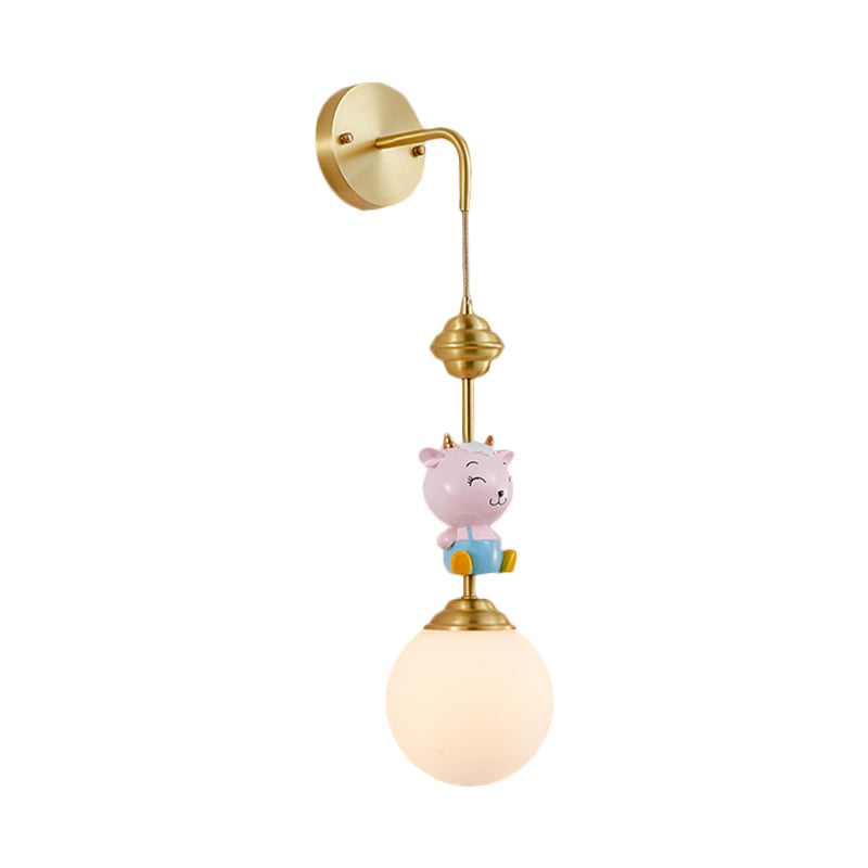 Globe Wall Lighting Fixture Cartoon Opaque Glass 1 Head Gold Wall Mounted Lamp with Sheep/Monkey/Rabbit Deco Clearhalo 'Wall Lamps & Sconces' 'Wall Lights' Lighting' 1724155