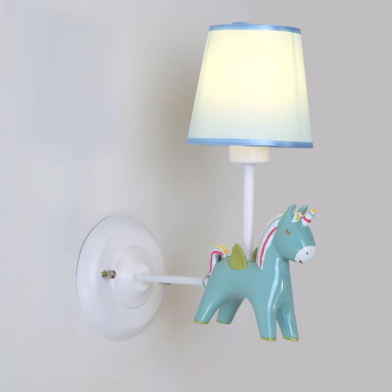 Fabric Conic Wall Mounted Light Macaron 1 Bulb Wall Lighting Ideas with Unicorn Deco in Pink/Blue Clearhalo 'Wall Lamps & Sconces' 'Wall Lights' Lighting' 1724168