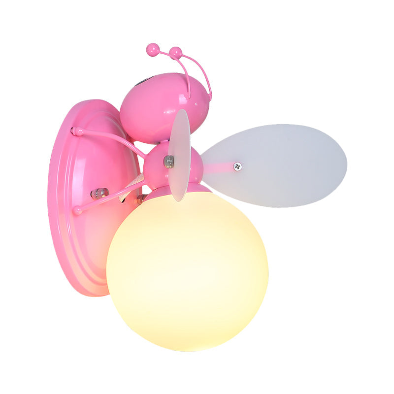 Opaline Glass Ball Wall Mount Lamp Cartoon 1 Light Pink/Yellow Wall Sconce Lighting with Bee Design Clearhalo 'Wall Lamps & Sconces' 'Wall Lights' Lighting' 1724173