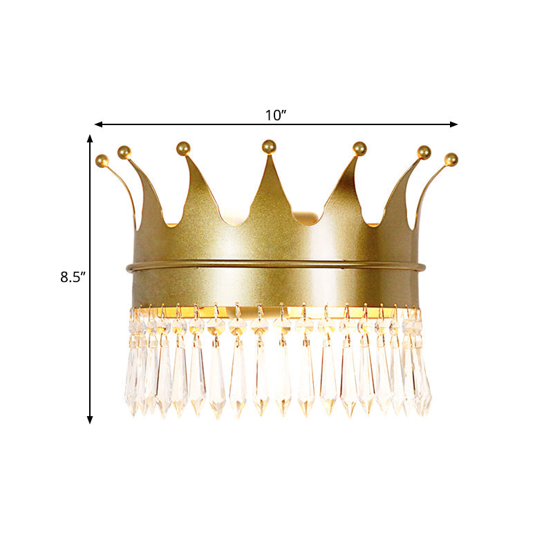 Crown Wall Light Sconce Retro Style Metallic 1-Head Parlor Wall Mount Lighting with Dangling Crystal in Gold Clearhalo 'Wall Lamps & Sconces' 'Wall Lights' Lighting' 1724184