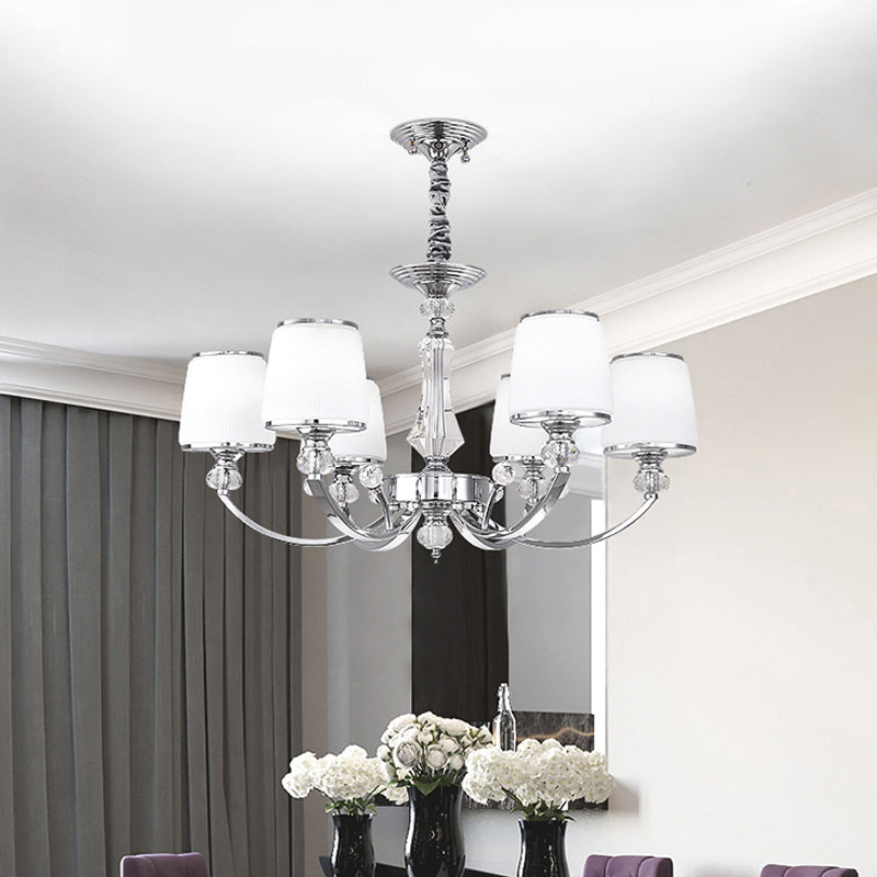 White Glass Cone Hanging Chandelier Modernism 3/6 Lights Suspended Lighting Fixture in Chrome Clearhalo 'Ceiling Lights' 'Chandeliers' 'Modern Chandeliers' 'Modern' Lighting' 1724453