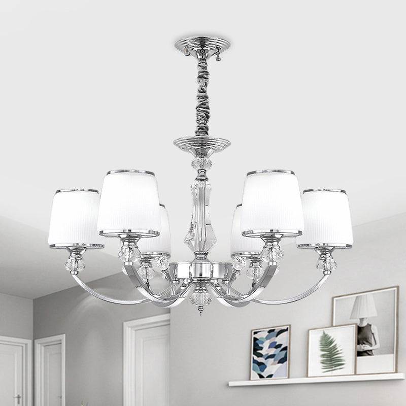 White Glass Cone Hanging Chandelier Modernism 3/6 Lights Suspended Lighting Fixture in Chrome Clearhalo 'Ceiling Lights' 'Chandeliers' 'Modern Chandeliers' 'Modern' Lighting' 1724454