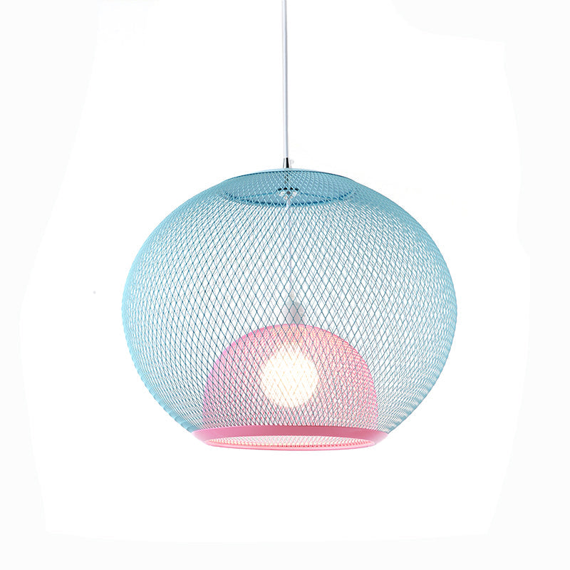 Global Mesh Restaurant Pendant Light Metallic 1-Bulb Macaron Ceiling Hang Fixture in Pink/Yellow/Blue Clearhalo 'Ceiling Lights' 'Pendant Lights' 'Pendants' Lighting' 1724665