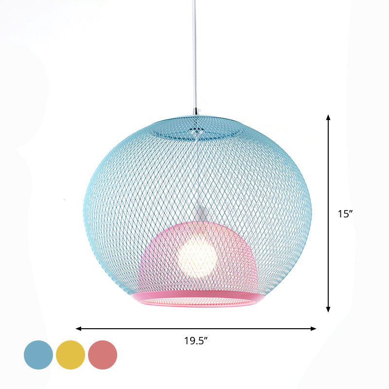 Global Mesh Restaurant Pendant Light Metallic 1-Bulb Macaron Ceiling Hang Fixture in Pink/Yellow/Blue Clearhalo 'Ceiling Lights' 'Pendant Lights' 'Pendants' Lighting' 1724666