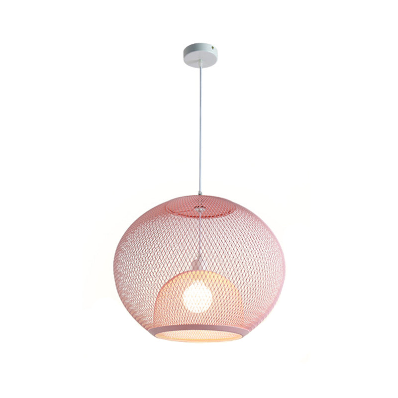 Global Mesh Restaurant Pendant Light Metallic 1-Bulb Macaron Ceiling Hang Fixture in Pink/Yellow/Blue Clearhalo 'Ceiling Lights' 'Pendant Lights' 'Pendants' Lighting' 1724673