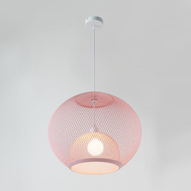 Global Mesh Restaurant Pendant Light Metallic 1-Bulb Macaron Ceiling Hang Fixture in Pink/Yellow/Blue Clearhalo 'Ceiling Lights' 'Pendant Lights' 'Pendants' Lighting' 1724674