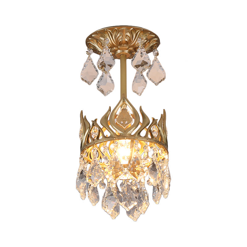 Raindrop Restaurant Pendulum Light Cut Crystal 1 Bulb Modern Pendant Lamp with Crown Design in Gold Clearhalo 'Ceiling Lights' 'Modern Pendants' 'Modern' 'Pendant Lights' 'Pendants' Lighting' 1724694