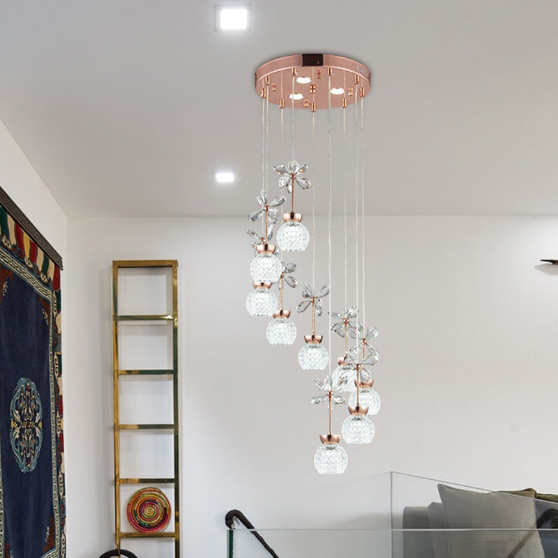 Modernist Spiral Multi Pendant Lattice Glass 9 Bulbs Staircase Ceiling Lamp in Gold, Warm/White Light Gold Clearhalo 'Ceiling Lights' 'Modern Pendants' 'Modern' 'Pendant Lights' 'Pendants' Lighting' 1724717