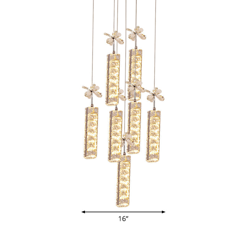 Cut Crystal Linear and Flower Drop Lamp Modern LED Multi Pendant Light with Round/Linear Canopy in Chrome Clearhalo 'Ceiling Lights' 'Modern Pendants' 'Modern' 'Pendant Lights' 'Pendants' Lighting' 1724728