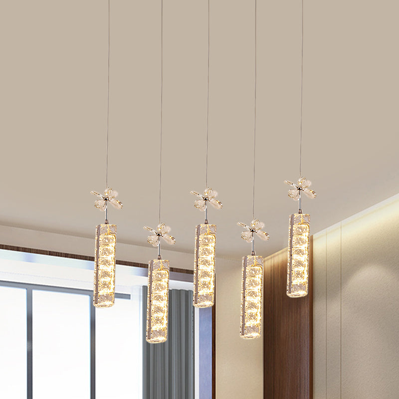 Cut Crystal Linear and Flower Drop Lamp Modern LED Multi Pendant Light with Round/Linear Canopy in Chrome Chrome Linear Clearhalo 'Ceiling Lights' 'Modern Pendants' 'Modern' 'Pendant Lights' 'Pendants' Lighting' 1724729