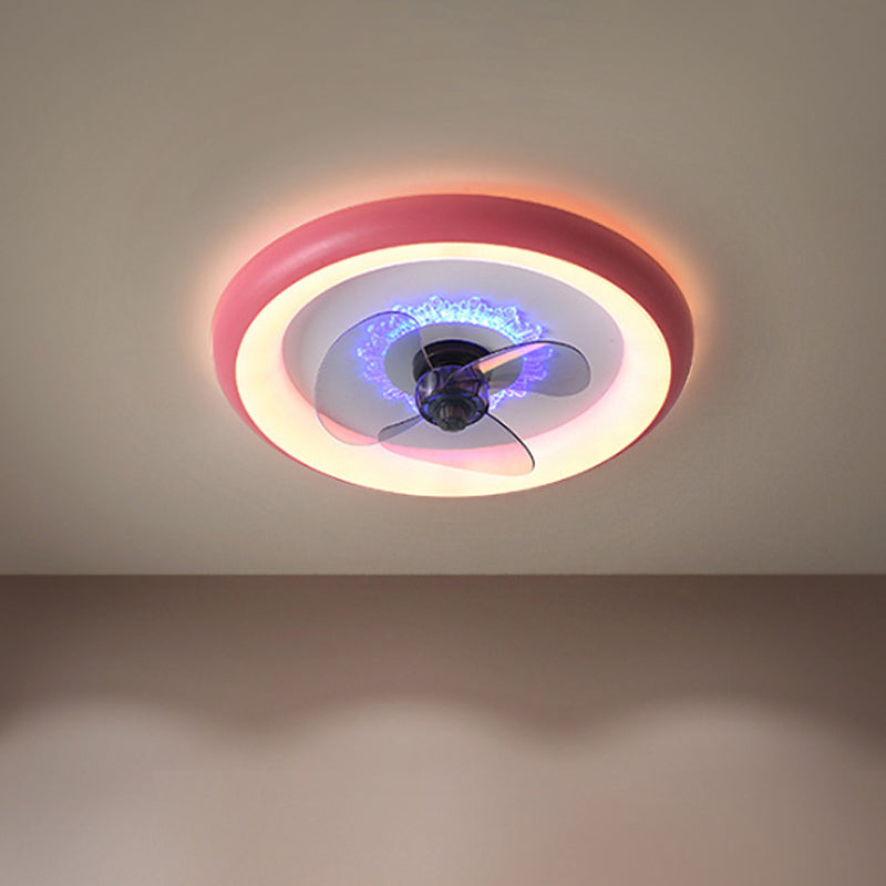 Metal Doughnut Ceiling Fan Lamp Macaron LED Semi Flush Light in Black/Red/Blue with 3-Blade, 19.5