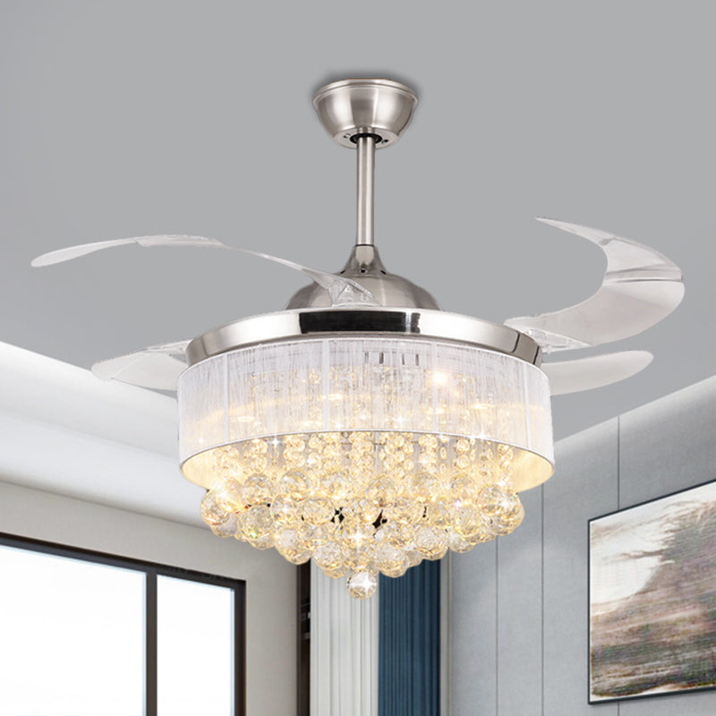 Modern Cascading Semi Flush Light Crystal Ball Living Room LED Pendant Fan Lamp in Chrome with 4-Blade, 19