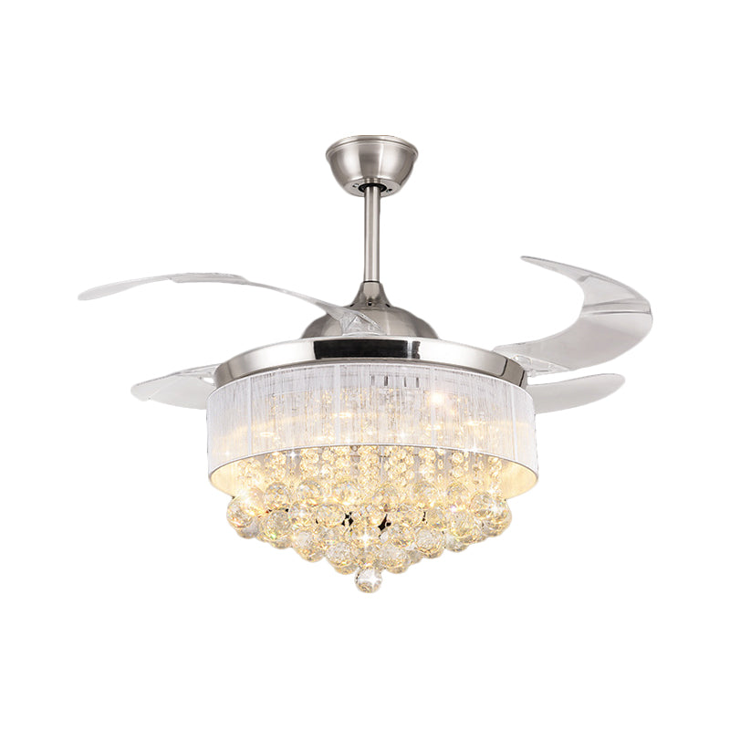 Modern Cascading Semi Flush Light Crystal Ball Living Room LED Pendant Fan Lamp in Chrome with 4-Blade, 19