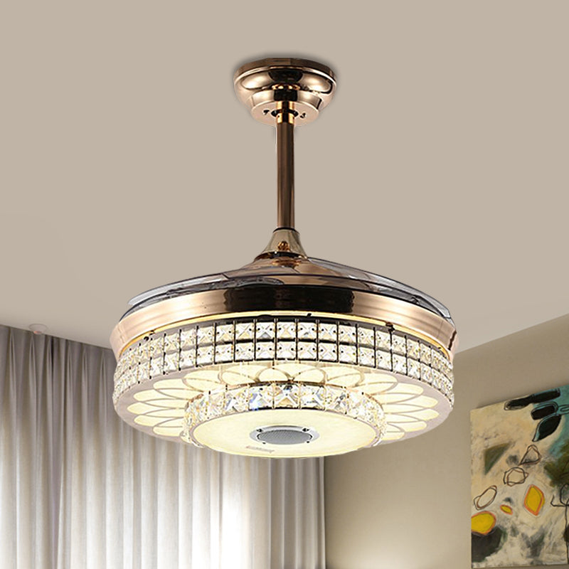 LED Parlor Hanging Fan Light Modern Gold 4 Blades Semi Flush Light with Round Faceted Crystal Shade, 19