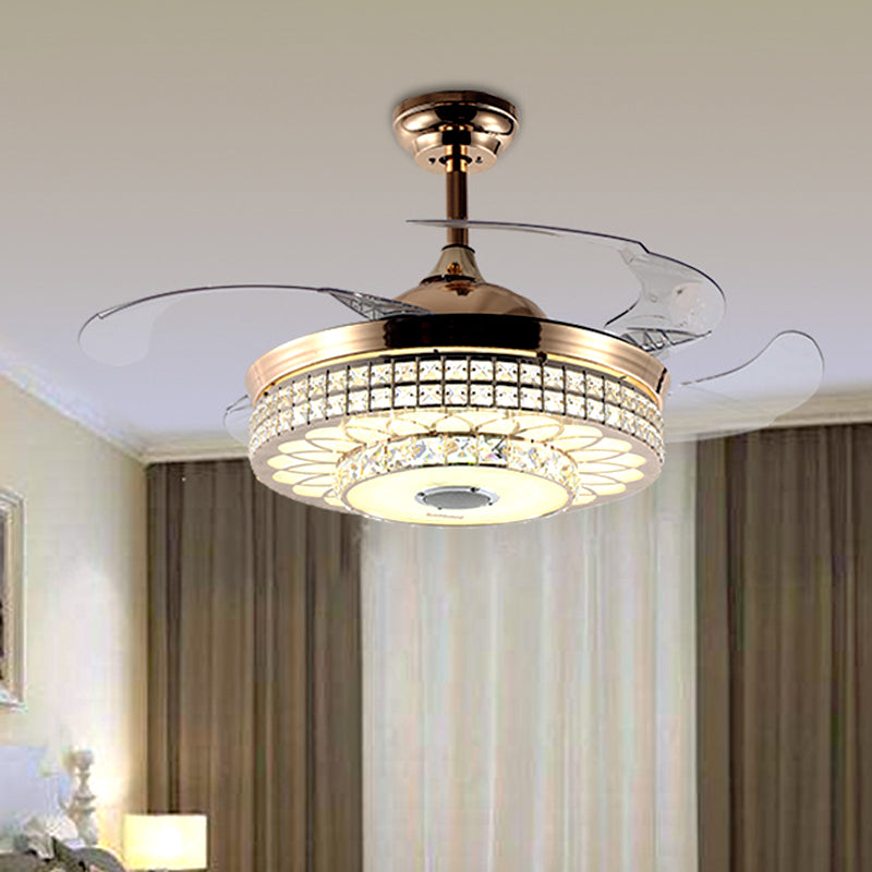 LED Parlor Hanging Fan Light Modern Gold 4 Blades Semi Flush Light with Round Faceted Crystal Shade, 19