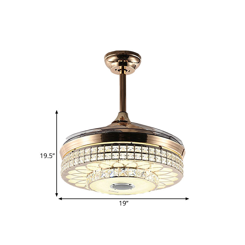 LED Parlor Hanging Fan Light Modern Gold 4 Blades Semi Flush Light with Round Faceted Crystal Shade, 19