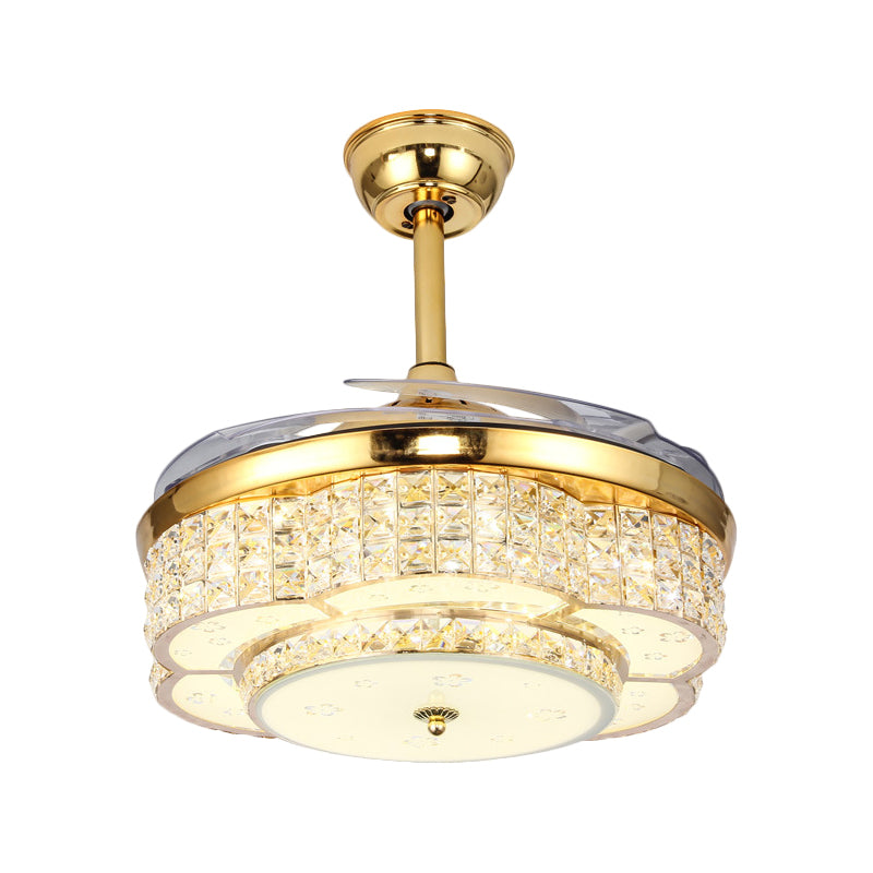 Flower Drawing Room Pendant Fan Lighting Faceted Crystal LED Modernism Semi Flush Light in Gold with 4-Blade, 19