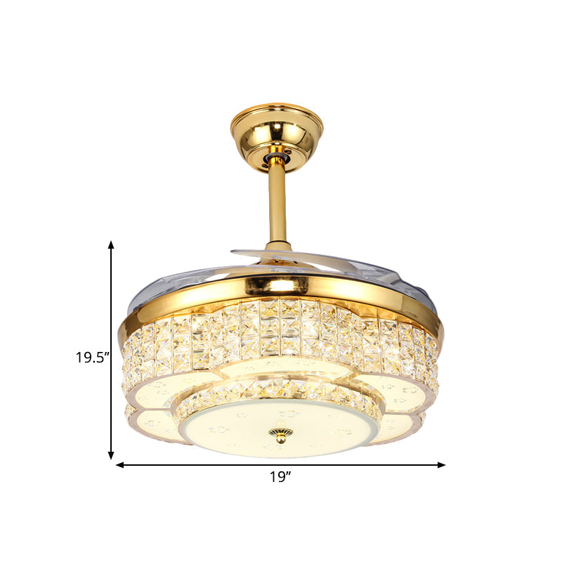 Flower Drawing Room Pendant Fan Lighting Faceted Crystal LED Modernism Semi Flush Light in Gold with 4-Blade, 19