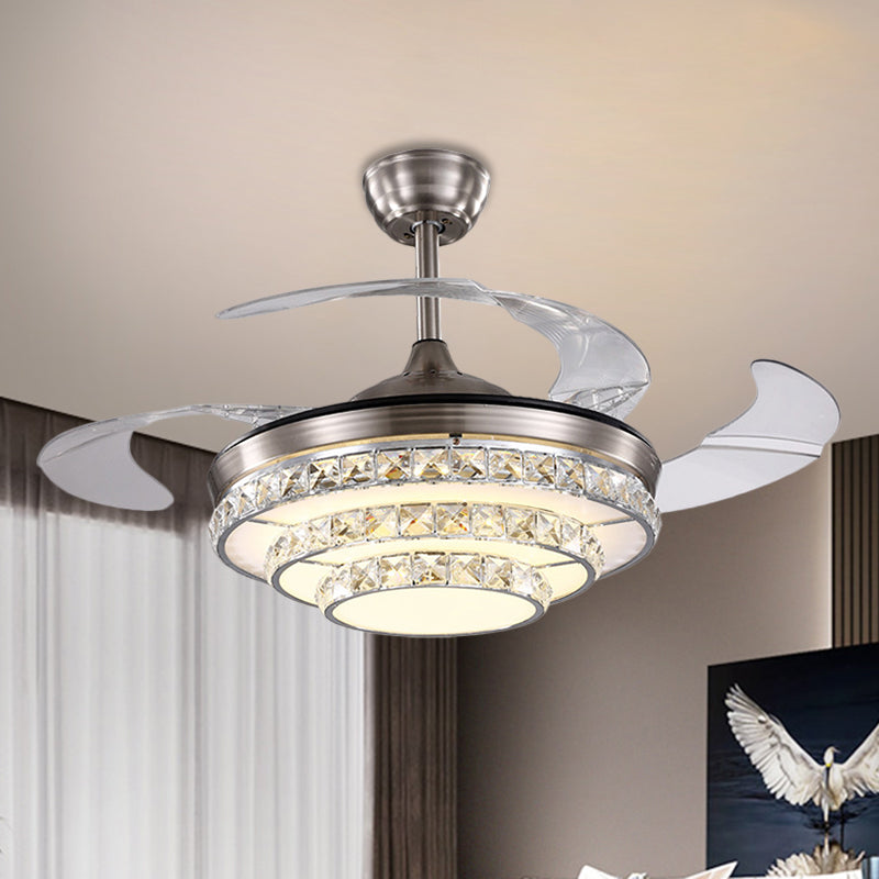 Modernism 3-Tier Ceiling Fan Lamp Crystal Block Drawing Room LED Semi Flush in Chrome with 4 Blades, 19