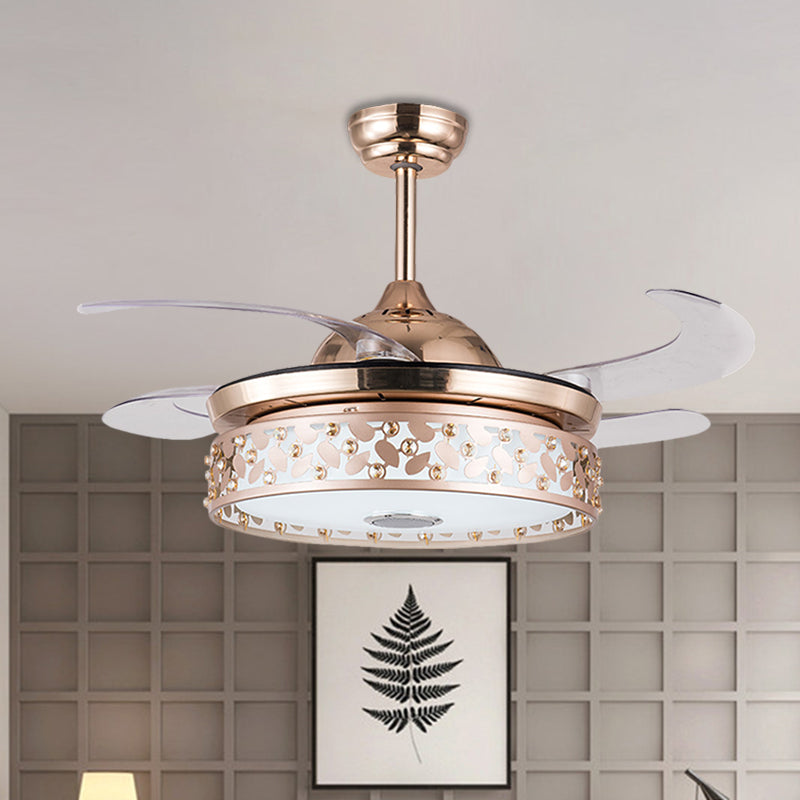 Copper LED Circular Semi Flush Lamp Simplicity Acrylic 4-Blade Hanging Fan Light with Crystal Deco, 19