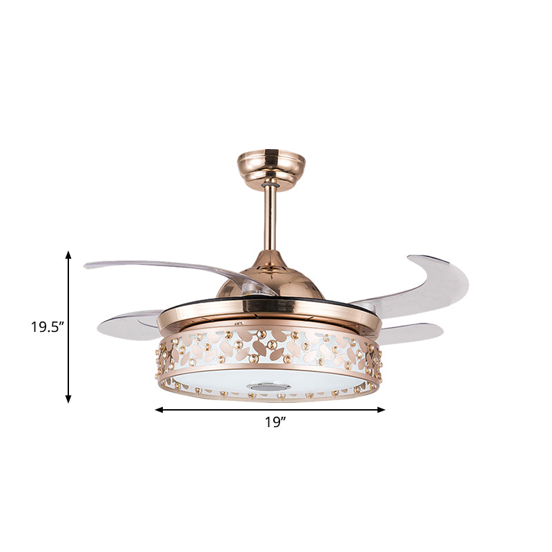 Copper LED Circular Semi Flush Lamp Simplicity Acrylic 4-Blade Hanging Fan Light with Crystal Deco, 19