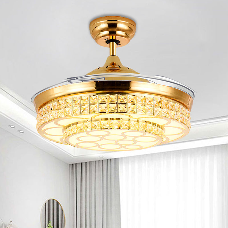 4-Blade Simple LED Pendant Fan Lighting Gold Circle Semi-Flush Mount with Crystal Shade, 19