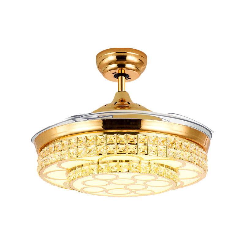 4-Blade Simple LED Pendant Fan Lighting Gold Circle Semi-Flush Mount with Crystal Shade, 19